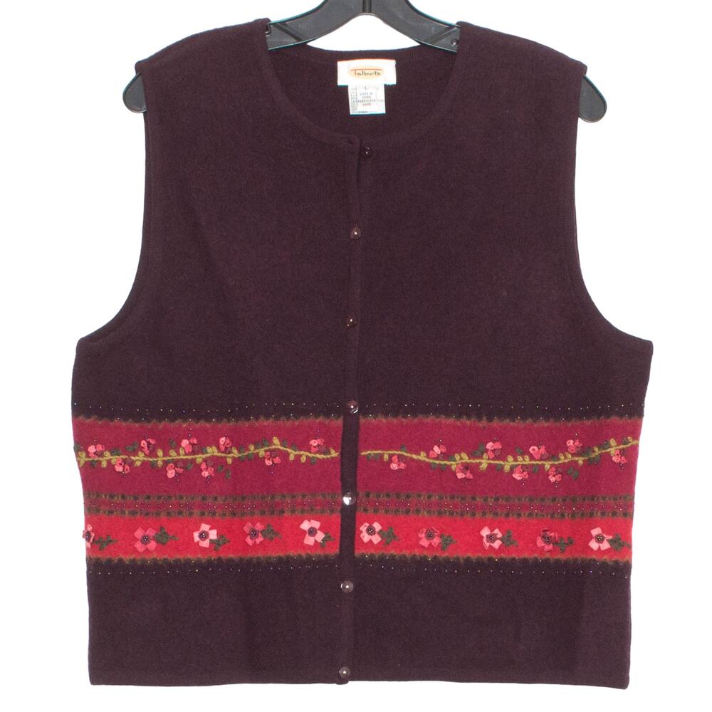Talbots Vintage Sweater Vest Lambswool Academia Cottage Grandma Floral Large